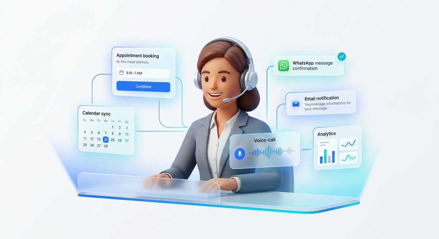 Korwexa AI receptionist handling appointments, calendar sync, WhatsApp, email and voice calls