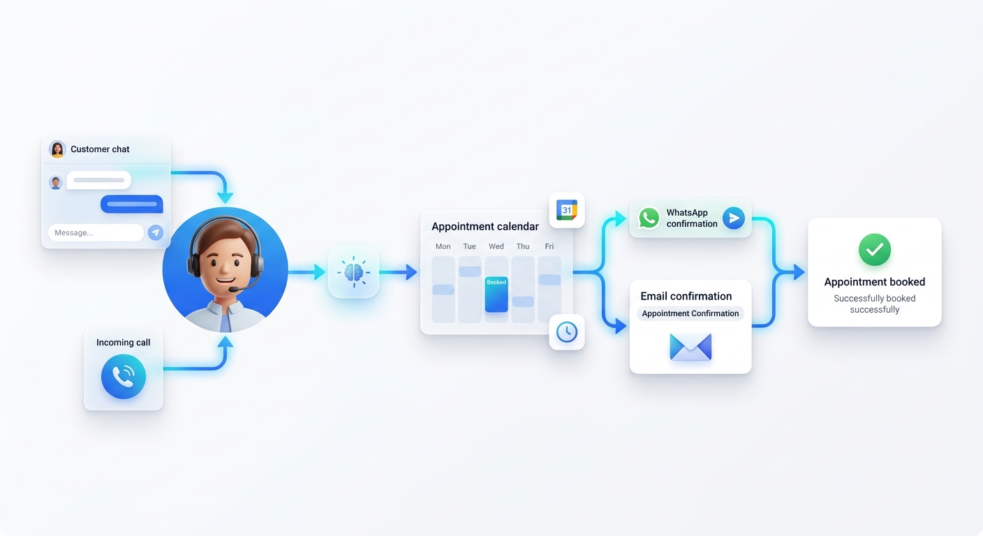 Korwexa AI automation workflow turning a customer inquiry into a confirmed appointment